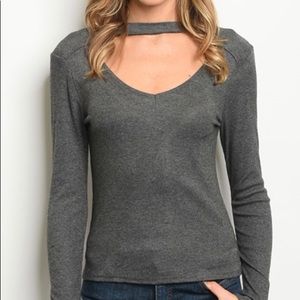 Grey Long Sleeve Ripped Top with Open Collar